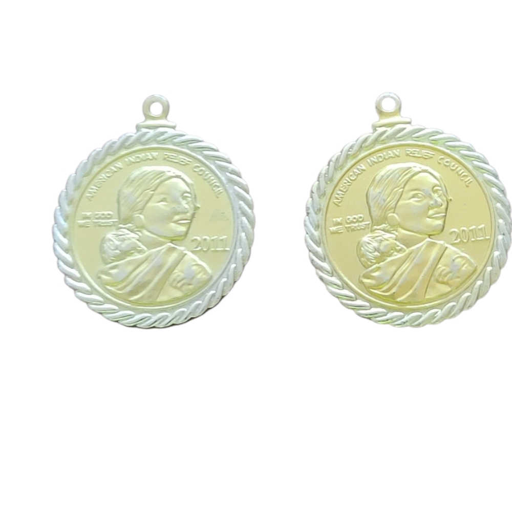Gold Tone and Silver Tone Medallion Pendant, Indian Relief, Sacagawea, Set Of 2